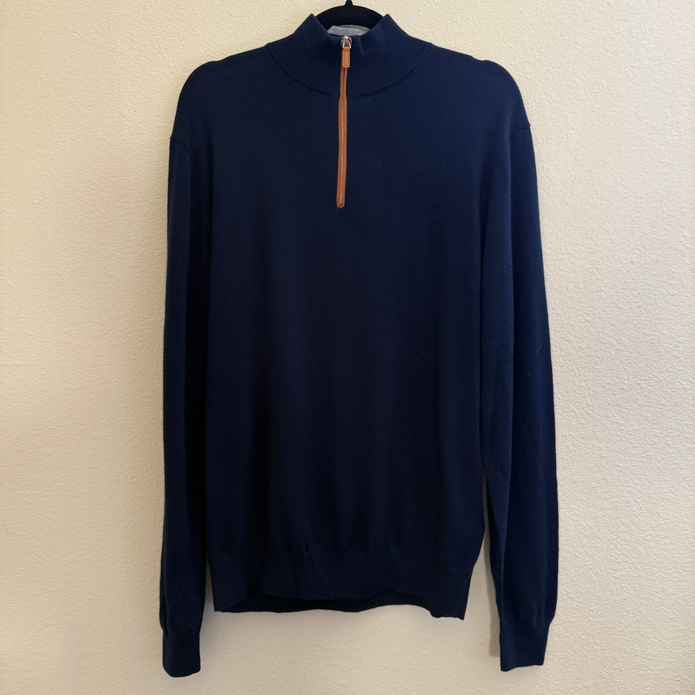Collars & Co Mens Large Navy Blue Australian Merino Wool Quarter Zip Sweater NWT